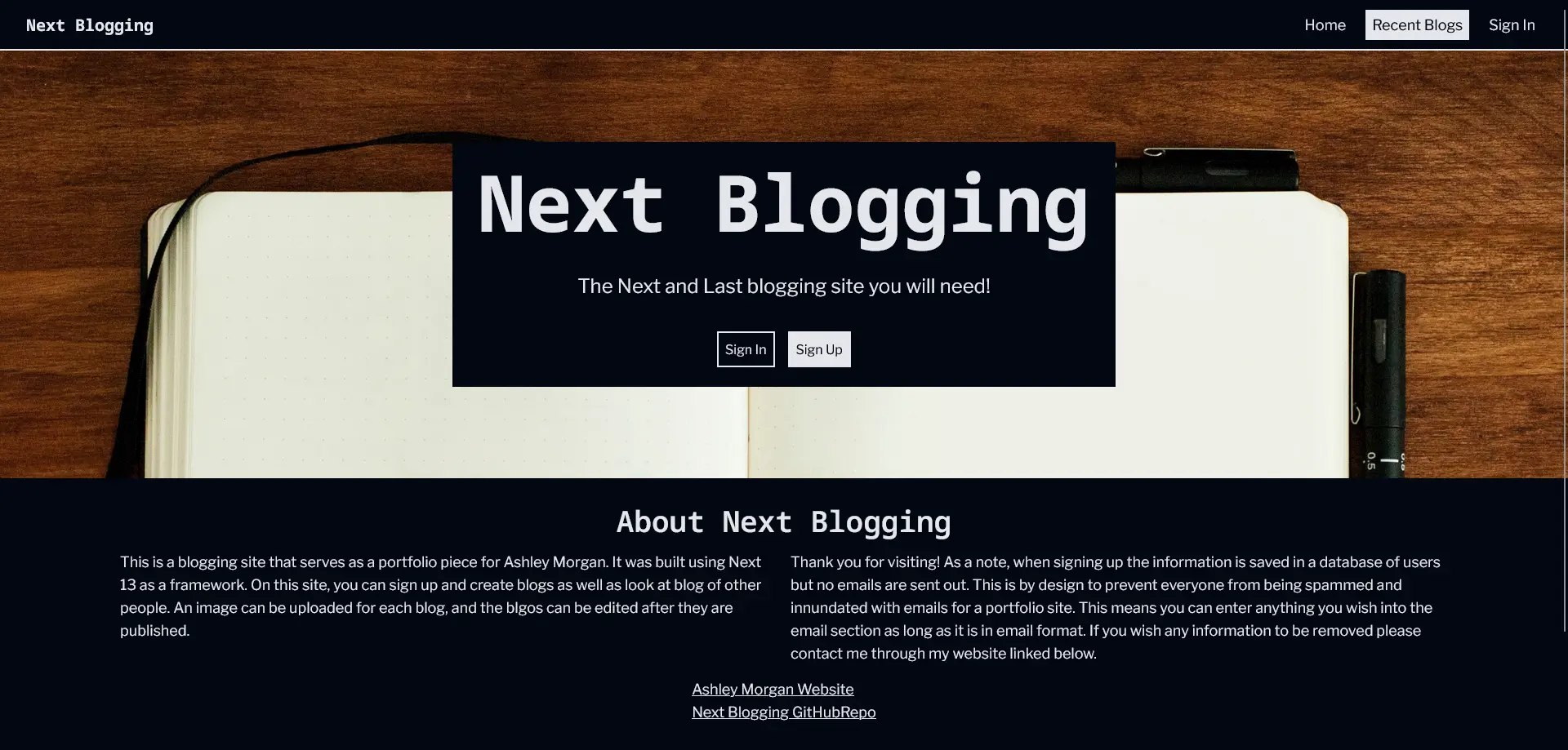 The dark mode dektop version of the home page of a blogging site